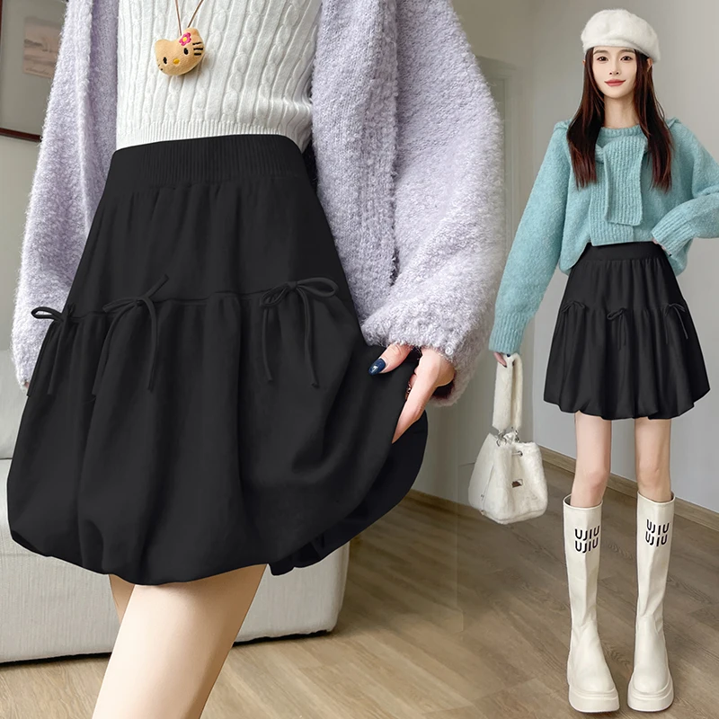 Y2K Knitted Skirt Women Bow Flower Bud Fluffy Elastic Waist A Line Short Skirt Autumn Winter New