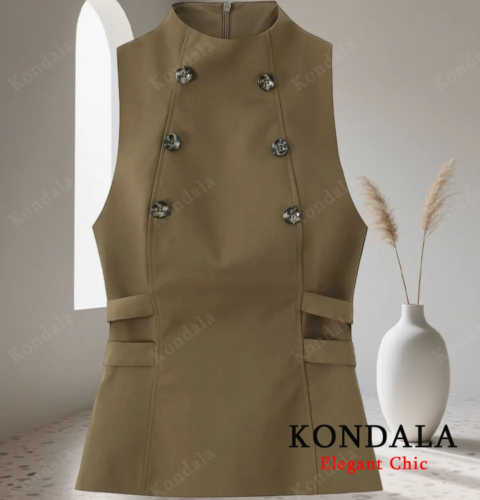 

KONDALA Women Elegant Y2K Vest Half-High Collar Slim Buttons Tank Tops 2025 Spring Fall Fashion High Street Vintage Lady Tops