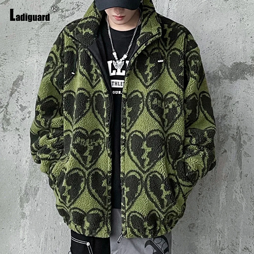 Mens Fashion Zipper Sweatshirts 2022 Autumn Lapel Collar retro Tops Outerwear Male Lovely Printed Sweatshirt Winter Plush Coats