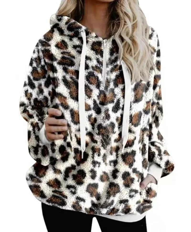 Women Print Half Zipper Hoodies Sweatshirt Autumn Winter Loose Casual Female Drawstring Hooded Pullovers Tops Y2k Sudadera Mujer