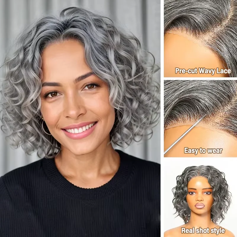 Luvin 16inch Water wave Bob Wig Salt and Pepper Human Hair Wigs Pre Plucked Grey Short Bob Wig Pre Cut 5x5 Closure Wig For Women