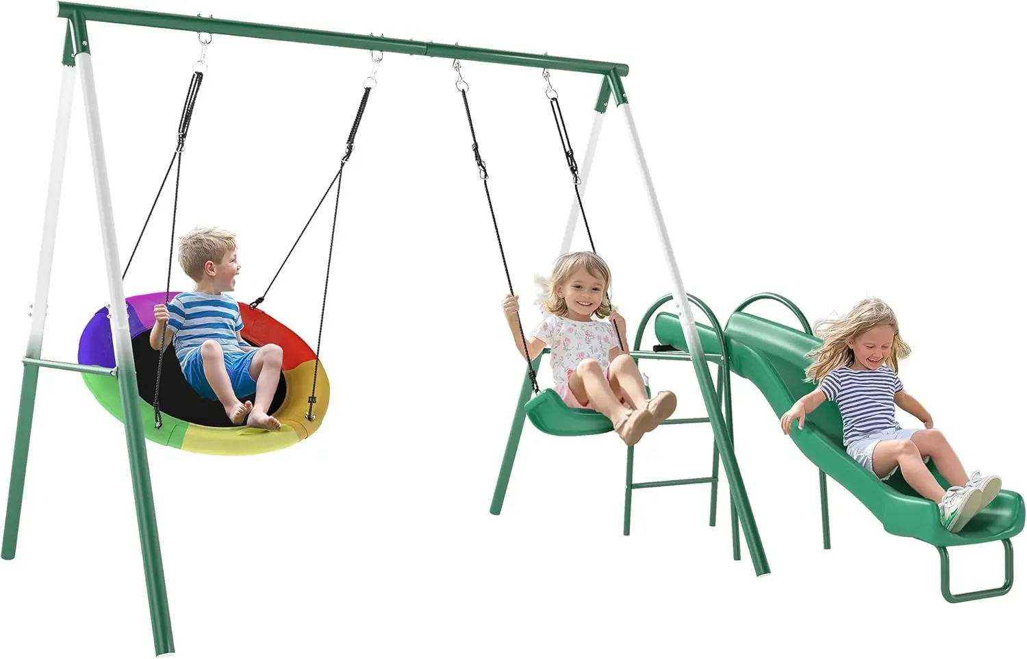 Swing Set for Backyard with Adjustable Seat and Saucer Swing, 5' Slide, Heavy Duty A-Frame Metal Stand Outdoor Playground Playse