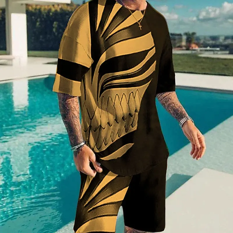 2025 3D Printed Fashionable Outdoor Leisure Sports T-shirt Shorts Summer Men's Two-piece Loose Round Neck Elastic Waist Set