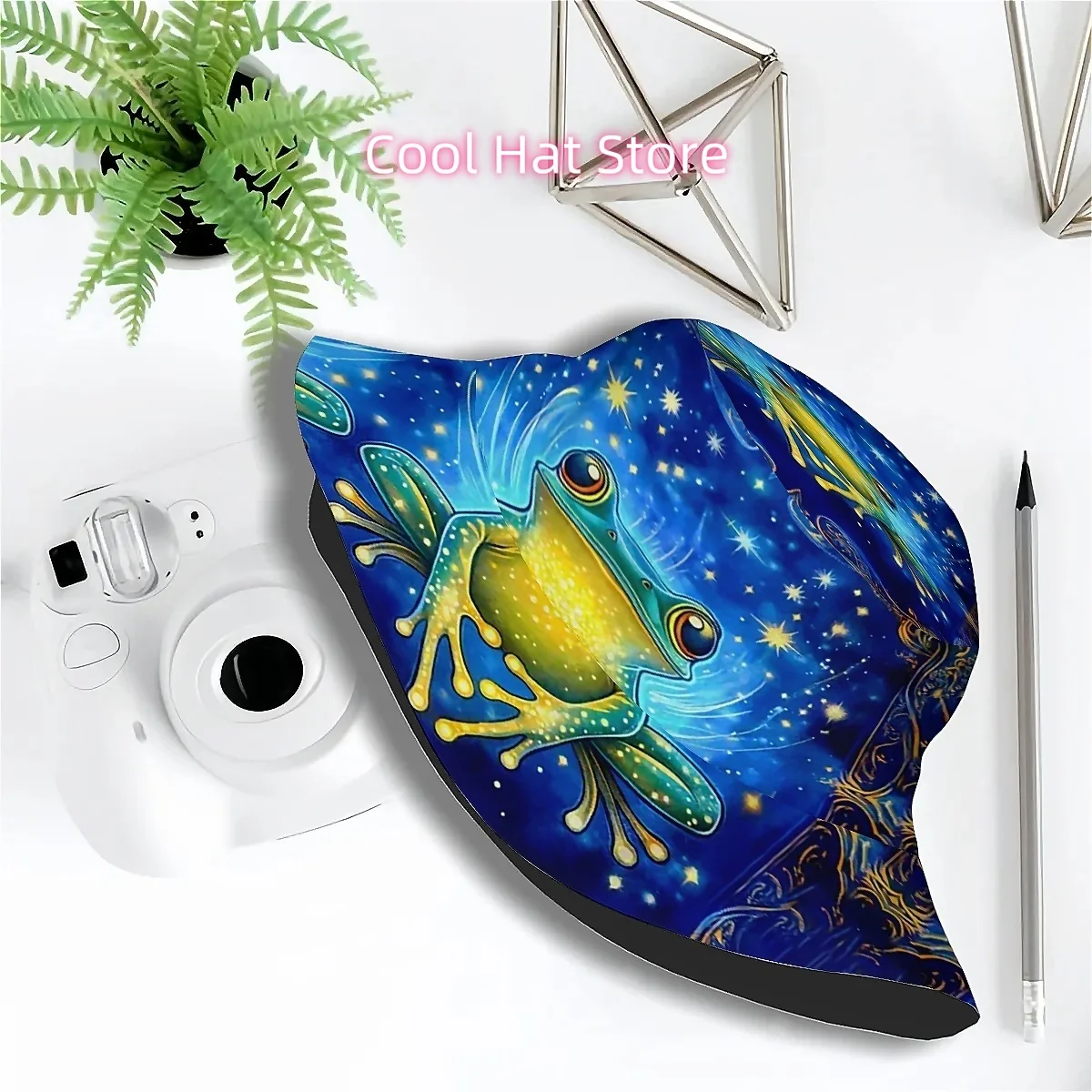 1pc Green Frog Print Bucket Hat with Golden Accent - Unisex Wide Brim, Magical Blue & Golden Toad-like Design for Men &, Outdoor