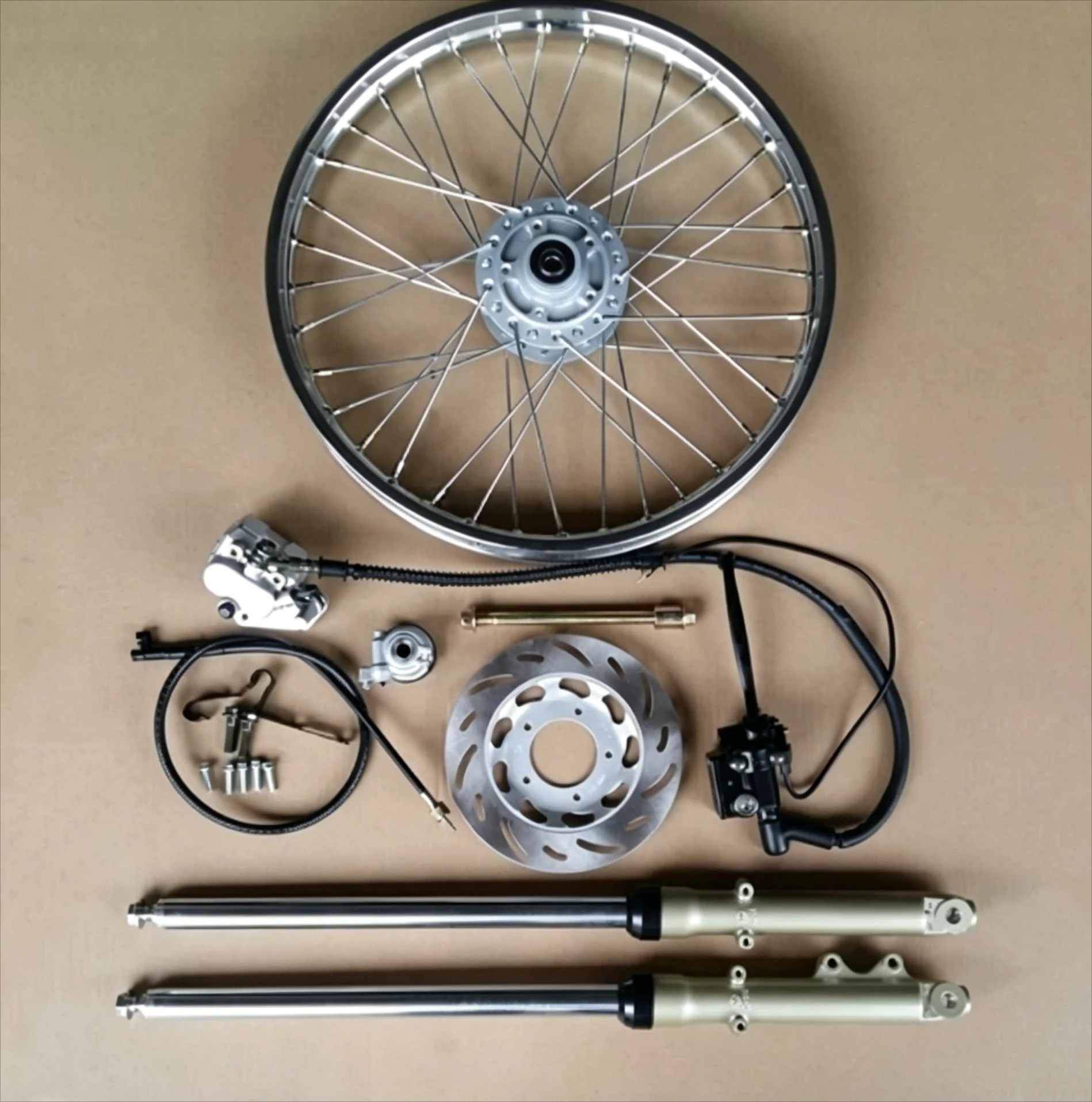 Modified Front Wheel Disc Brake Assembly Fit CG125, Retro Spoke Steel Wire Wheel Rim Black Brake Disc Kit