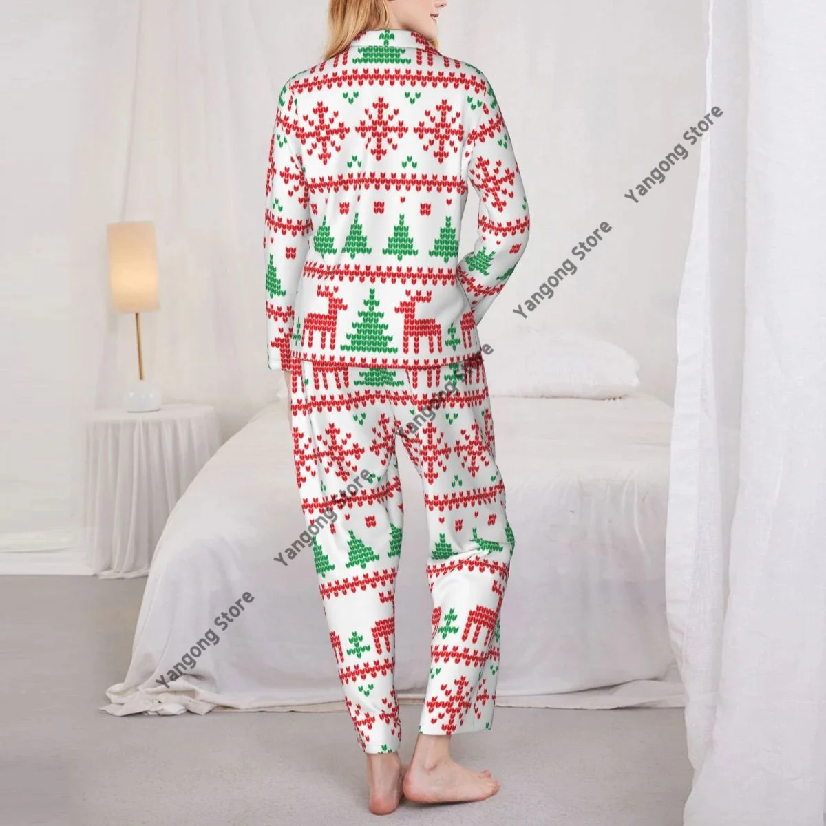 Spring and Autumn Long Sleeve Pants Pajamas Loungewear Set Christmas And New Year Pattern Women's Pull Edge Loose Sleeping Suit image 5