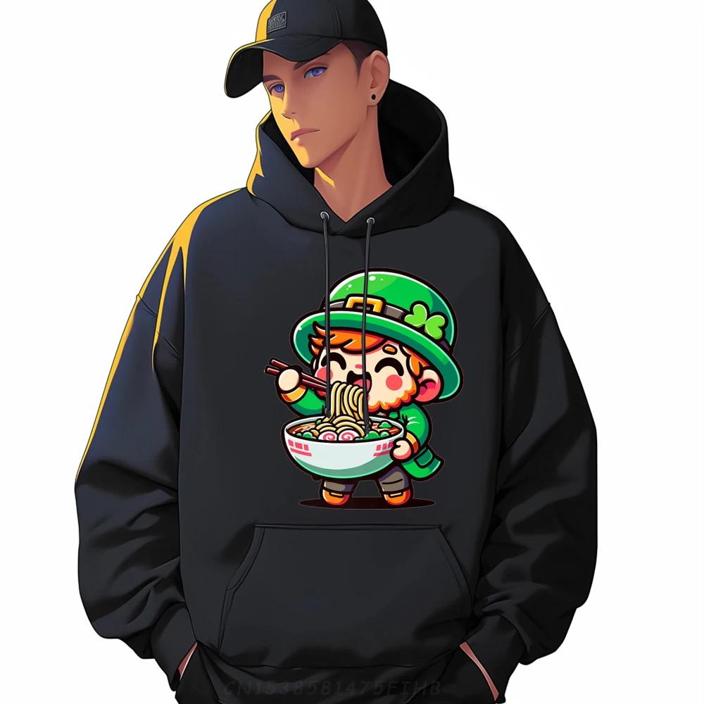 

Cute Japanese Kawaii Chibi Leprechaun Eating Ramen Premium Graphic Sweatshirts Men Oversized Hoodies Man Mardi Gras