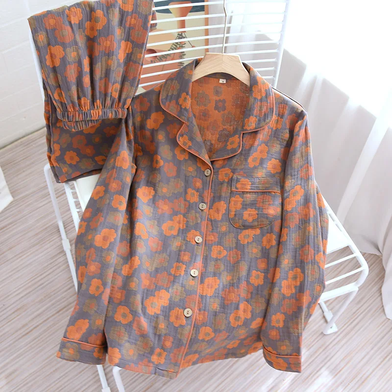 New Yarn-dyed Washed Cotton Pajamas Retro Style Ladies Plus Size Home Clothes Long Sleeve Trousers Pijama Mujer Soft Sleepwear