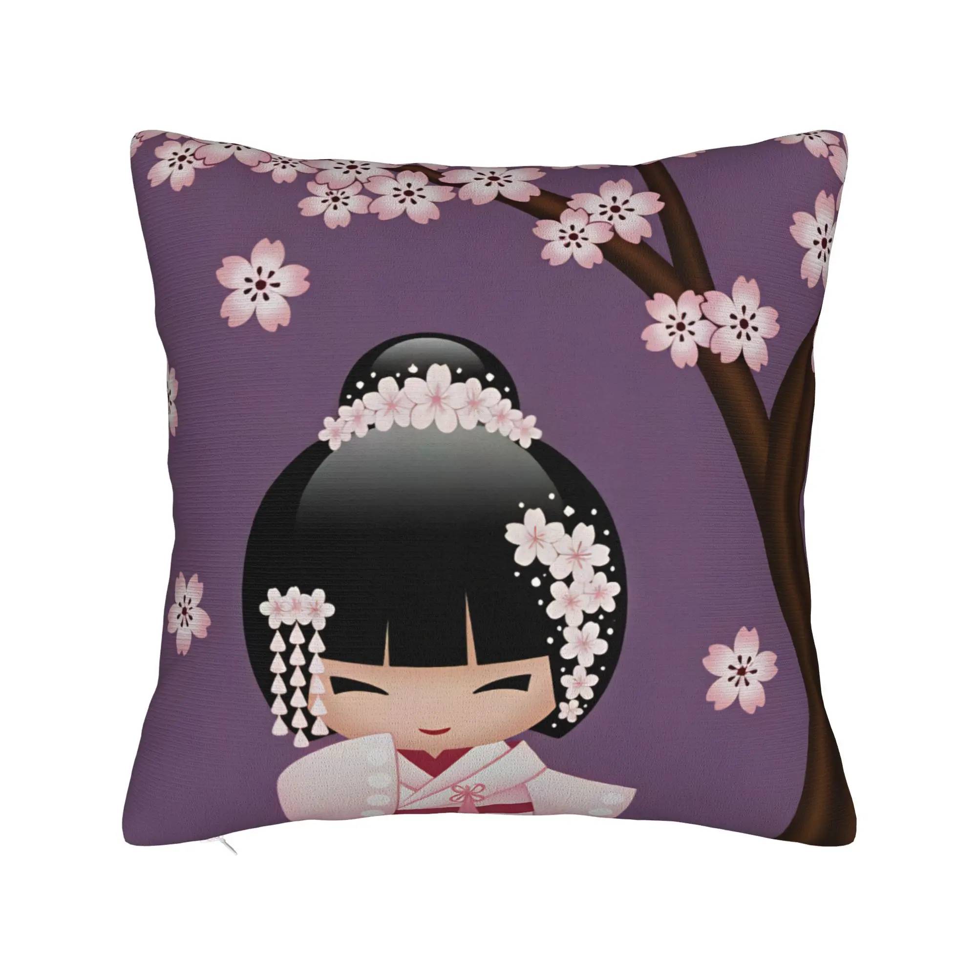 Pillow Cover Japanese Girl Sakura Kokeshi Doll Graphic Cushion Cover  Fashion Pillow Case For Sofa Home Decoration Pillowcases