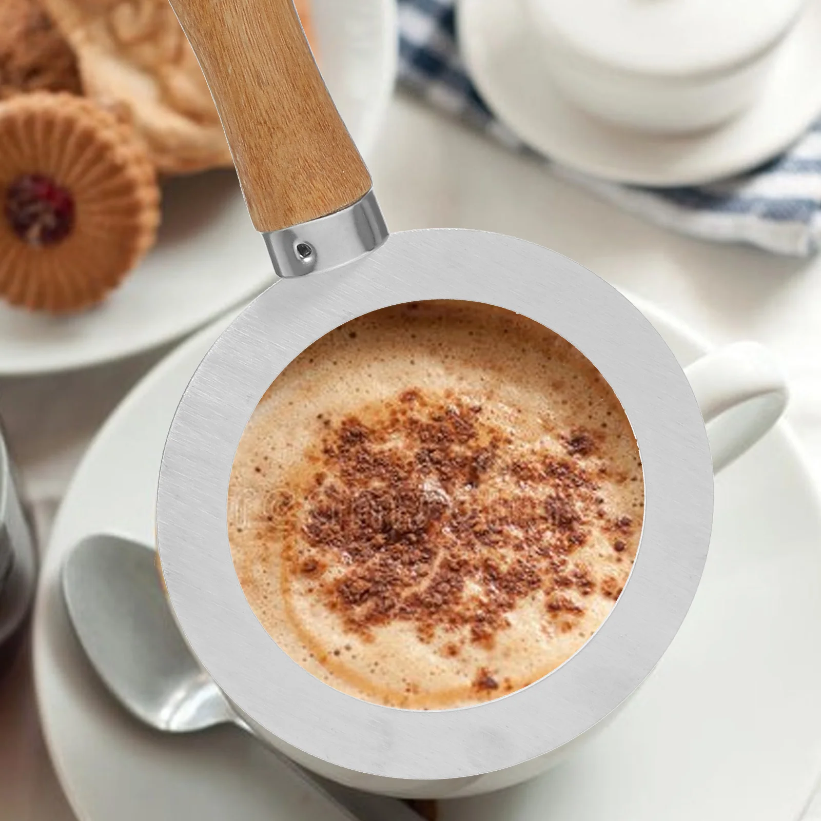 

2pcs Wooden Handle Milk Ring Stainless Steel Heat Resistant Baking Gasket For Coffee Tea Pudding Making Cup Rim Cover Kitchen