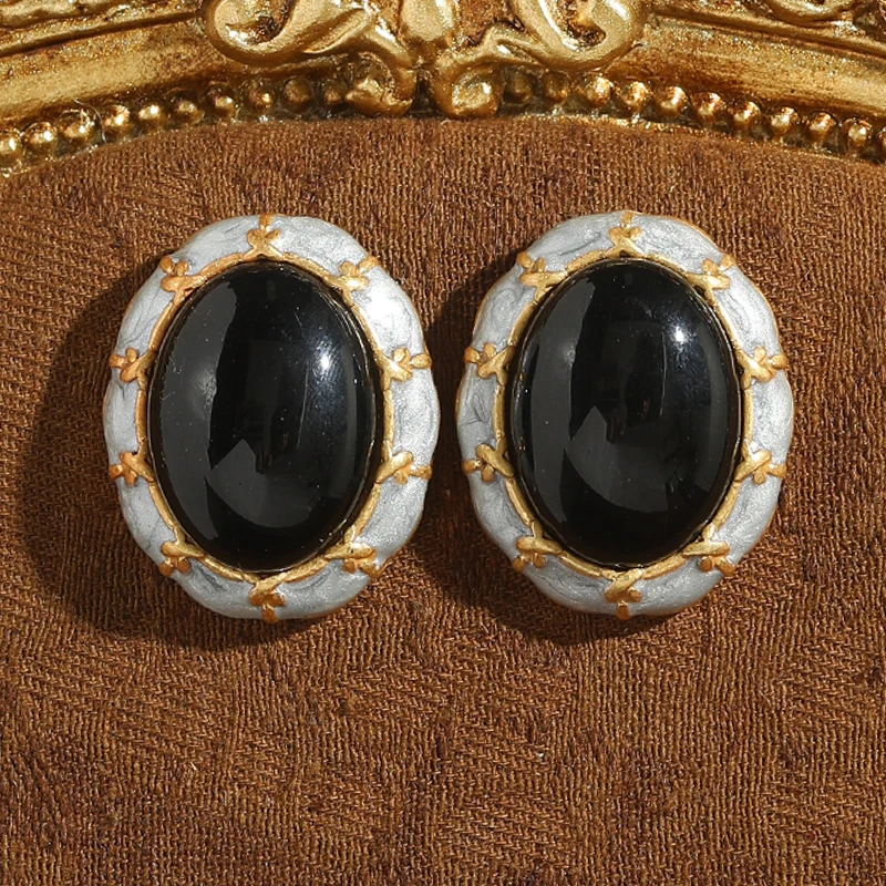 

Vintage French Black Earrings Glazed Natural Stone Enamel Antique Gold Color Accessories Women Wedding Luxury Quality Jewelry