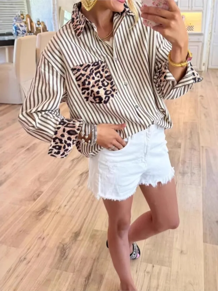 

Autumn Shirt For Women Single Breasted Leopard Printed Cardigan Top 2025 Retro Elegant Long Sleeves Lapel Ropa De Mujer Shirts