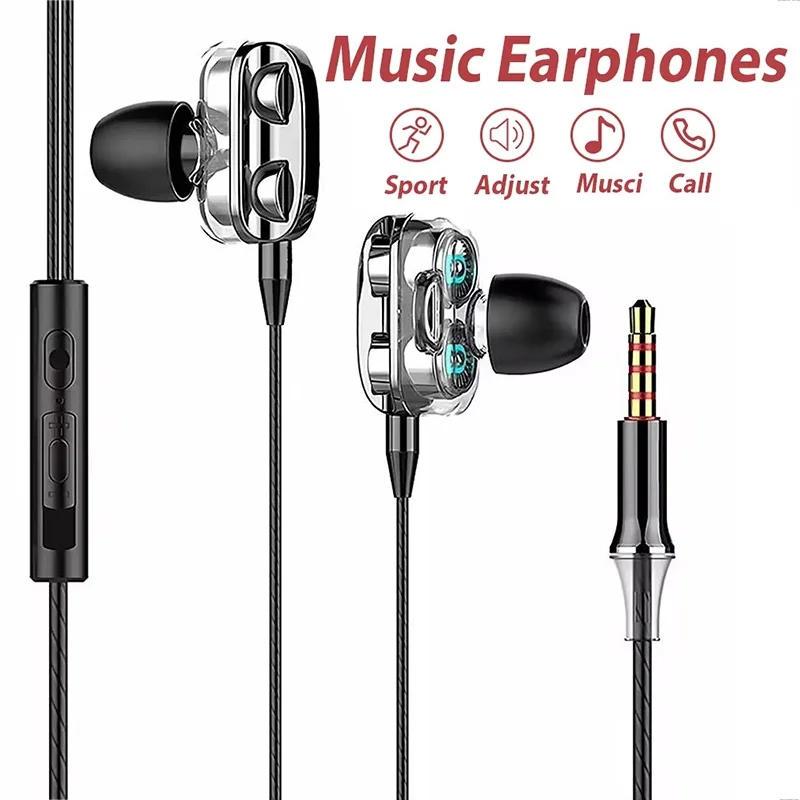 Heavy Bass Sound Dual Driver Earphones For iPhone Xiaomi Huawei Android Comfortable Sport Fit Running Gaming Audio Accessory Kit