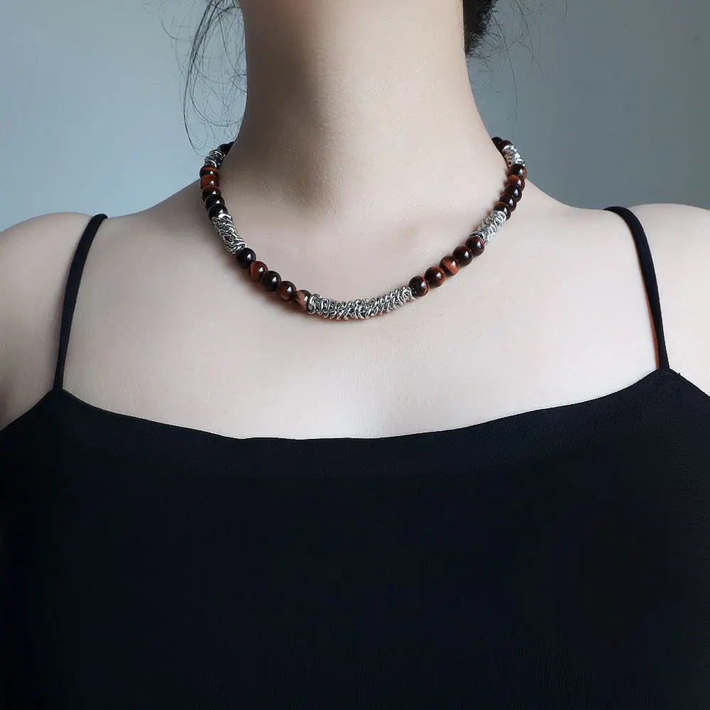 Mens Women Choker Fashion Stainless Steel Chain Bead Black Brown Agate Beaded Bracelet Necklace Choose Extended Chains