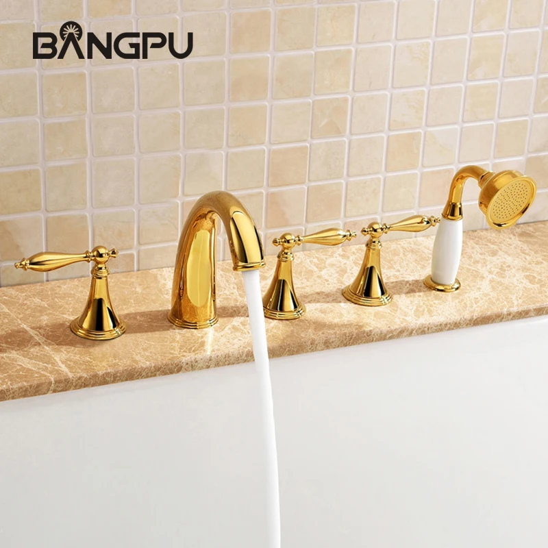 

5 Hole Bathroom Bath Tub Faucets with Sprayer Deck Mounted Bathtub Faucet Combo Set Roman Tub Faucets with Handheld Shower Gold