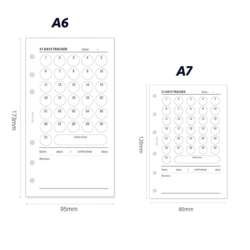 Fromthenon Minimalist Ledger Loose Leaf Paper A6A7 40 Sheets Target Tracking Clock in Replace Core Inner Pages