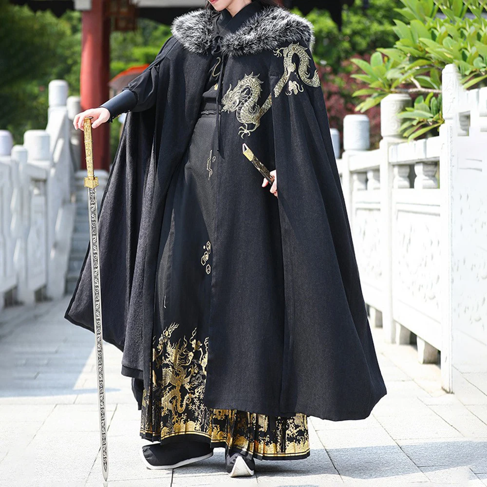 

Chinese Style Autumn Winter New Hanfu Tenglong Big Fur Collar Hanfu Fashion Trend Thick Warm Plus Velvet Dark Wind Cloak Cape