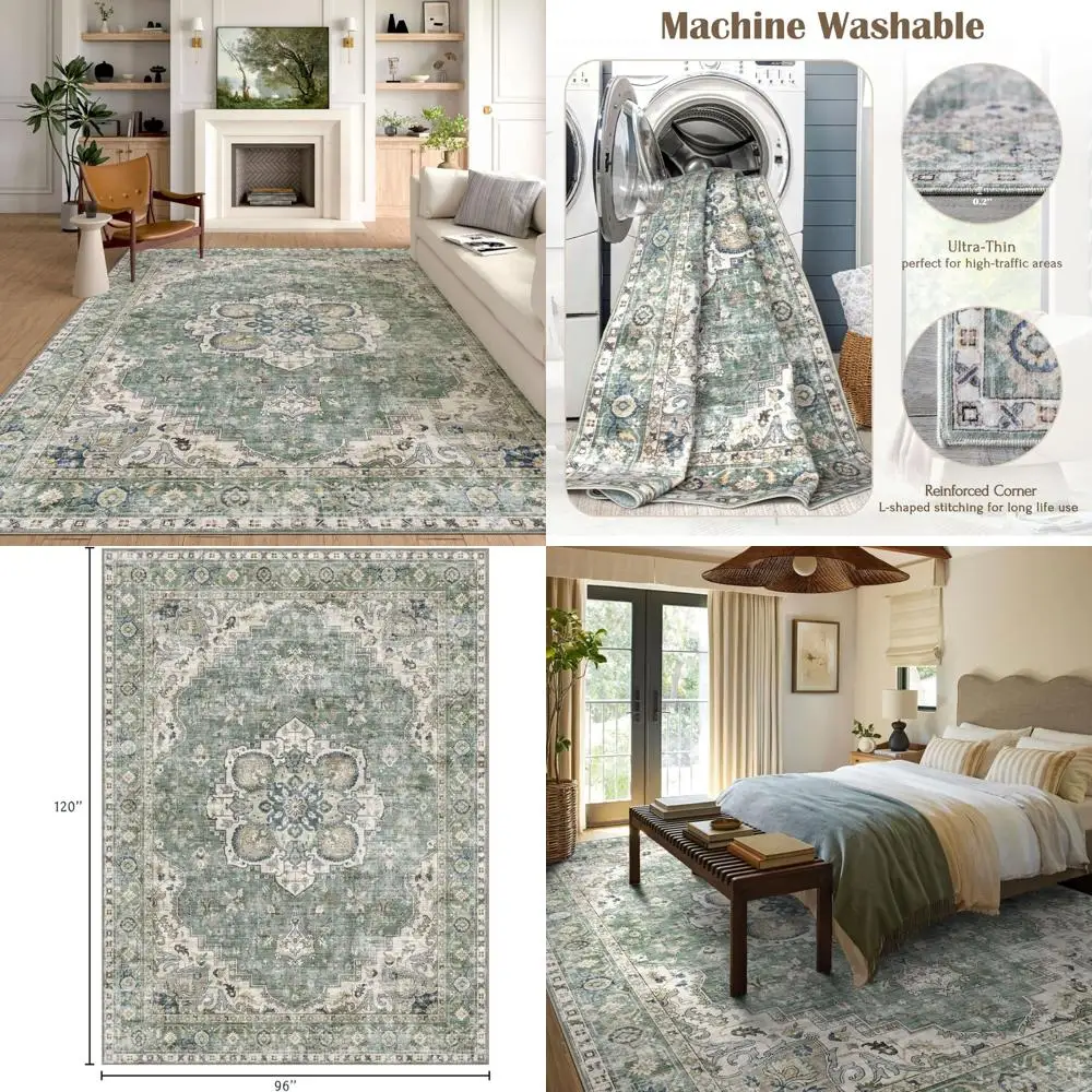 

8x10 Sage Green Bohemian Rug - Soft Vintage Living Room & Bedroom Area Rug, Thin Distressed Oriental Carpet