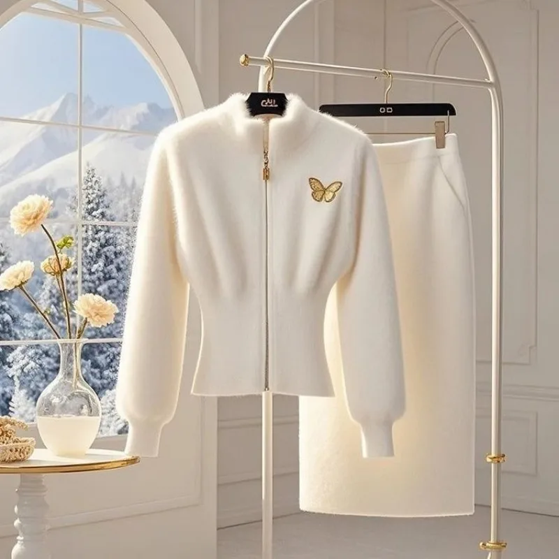 جديد فاخر الراقية الصوفية محبوك المرأة قطعتين مجموعة أنيقة التطريز طويلة الأكمام سترة + تنورة ضئيلة بلون البدلة #5