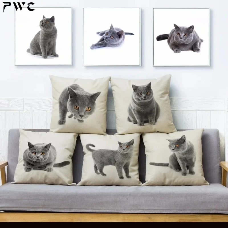 

Cute British Shorthair Cat Print Throw Pillow Cover 45*45cm Square Cushion Covers Linen Pillow Case Car Home Decor Pillows Cases