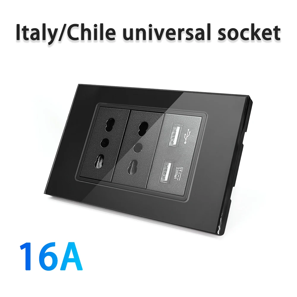 

Italy/Chile 16A socket tempered glass panel 2USB 5V 2.1A fast charge dual socket 16A wall household power plug