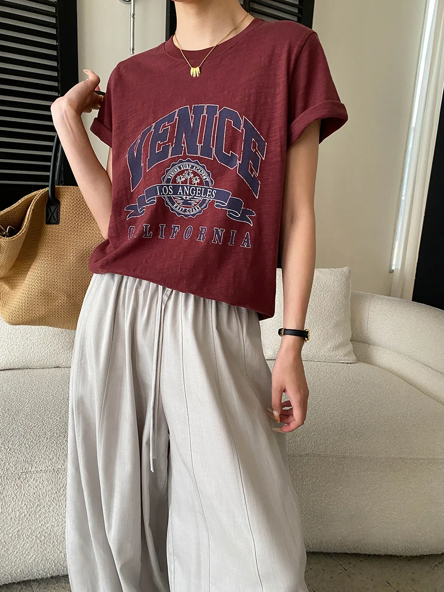 Sommerliches Damen-T-Shirt im lässigen amerikanischen Retro-Vintage-Stil mit Buchstaben-Print, Rundhalsausschnitt und kurzen Ärmeln – Detail 24