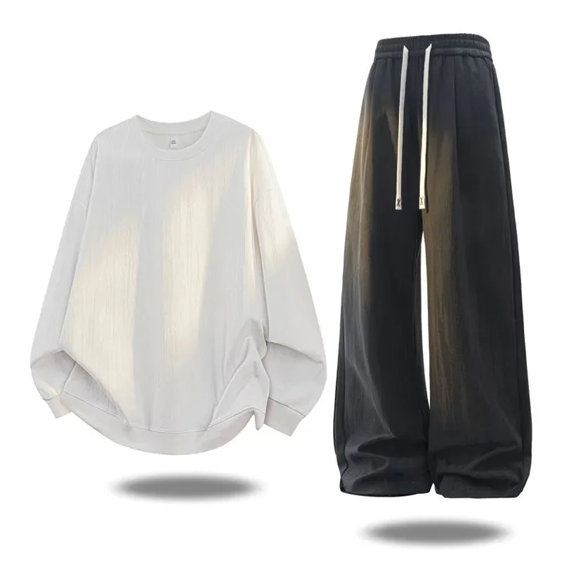 Men Couple 2 Pieces Outfit Embossed Letter Sweatshirt Set Long Sleeve Wide Leg Pants Casual Tracksuit Plus Size Fall Winter