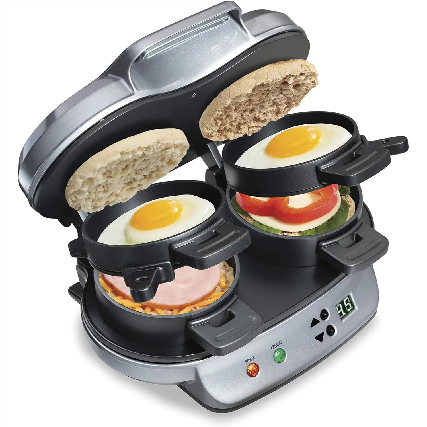 

Dual Breakfast Sandwich Maker with Timer, Ready in 5 Minutes, Removable Dishwasher Safe Non-Stick, Silver