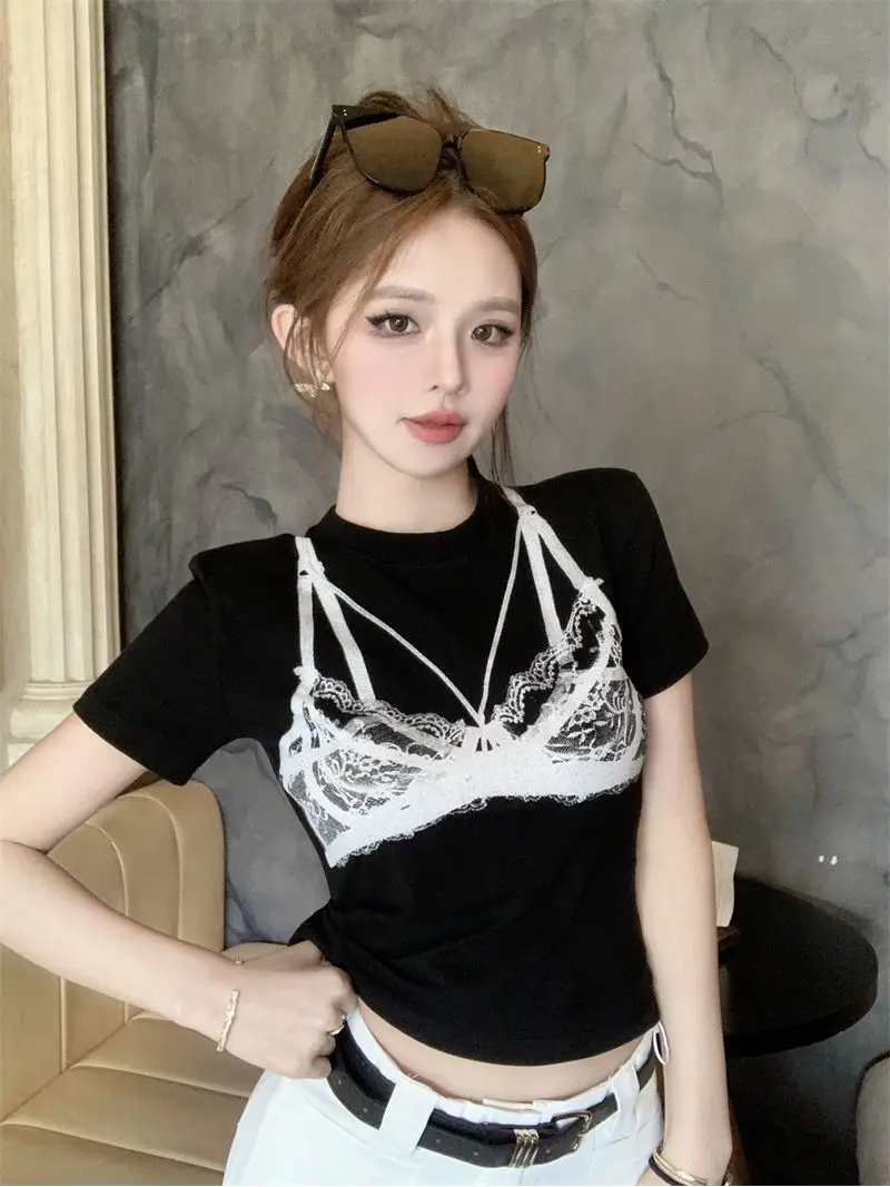 2024 New Summer Design Lace Print Short Sleeve T-Shirt Women's Short Tees Summer Sexy Crop Top