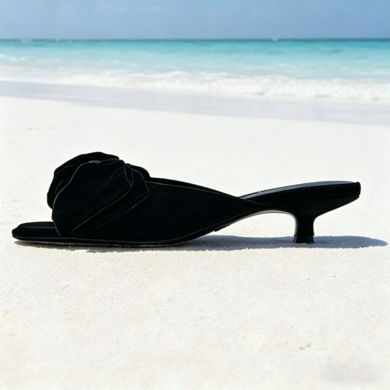 

Модные черные атласные туфли с бантом, женские уникальные сандалии с квадратным носком и каблуком-рюмочкой, сексуальные туфли-мюли с открытым носком для вечеринок