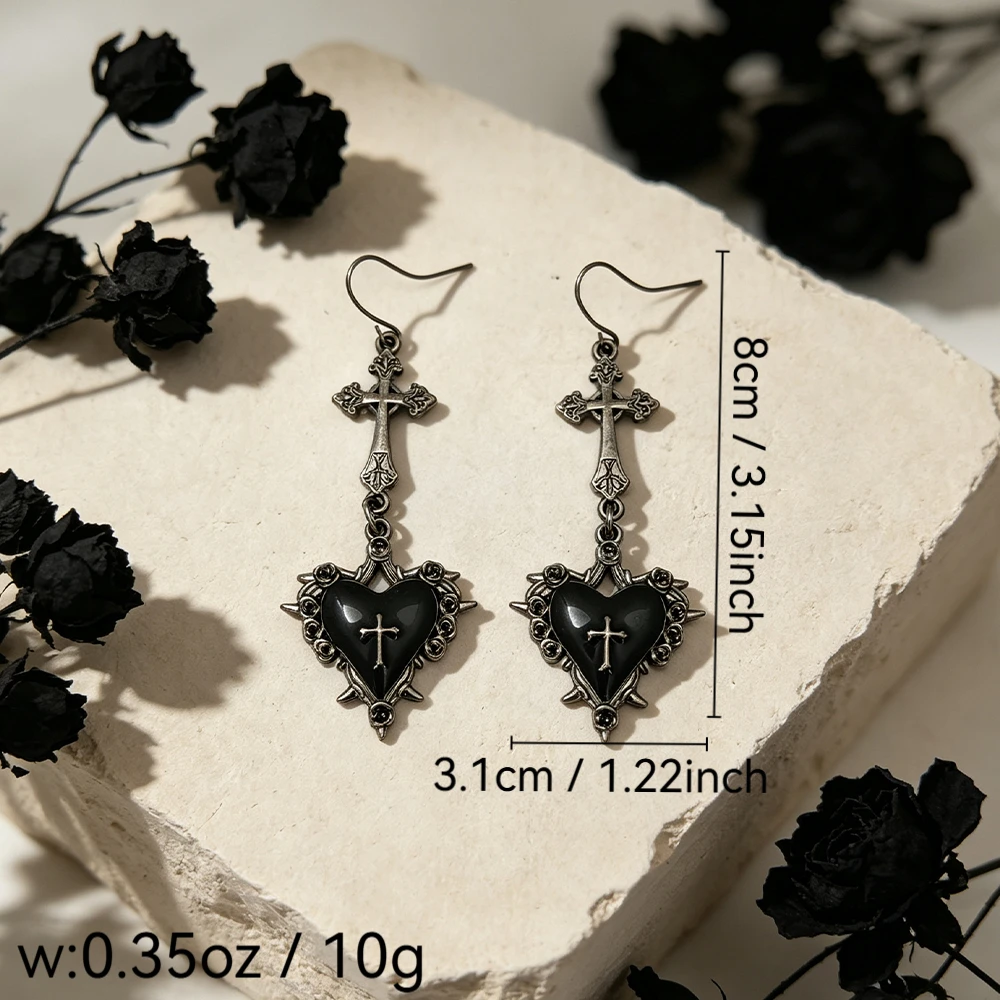 Vintage Distressed Cross Thorn Black Heart Dangle Earrings, Dark Style Cross Heart Oil-Drip Earrings, Punk Style Everyday Accessories for Spicy Girls