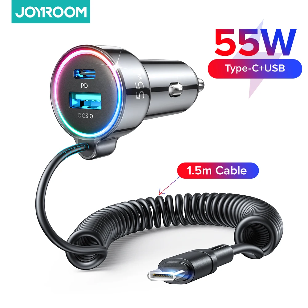 USB C Car Charger, 55W 3-Fast Port Super Fast Car Charger PD& QC3.0 with 1.5m 30W Super Fast Type C Coiled Cable for Samsung