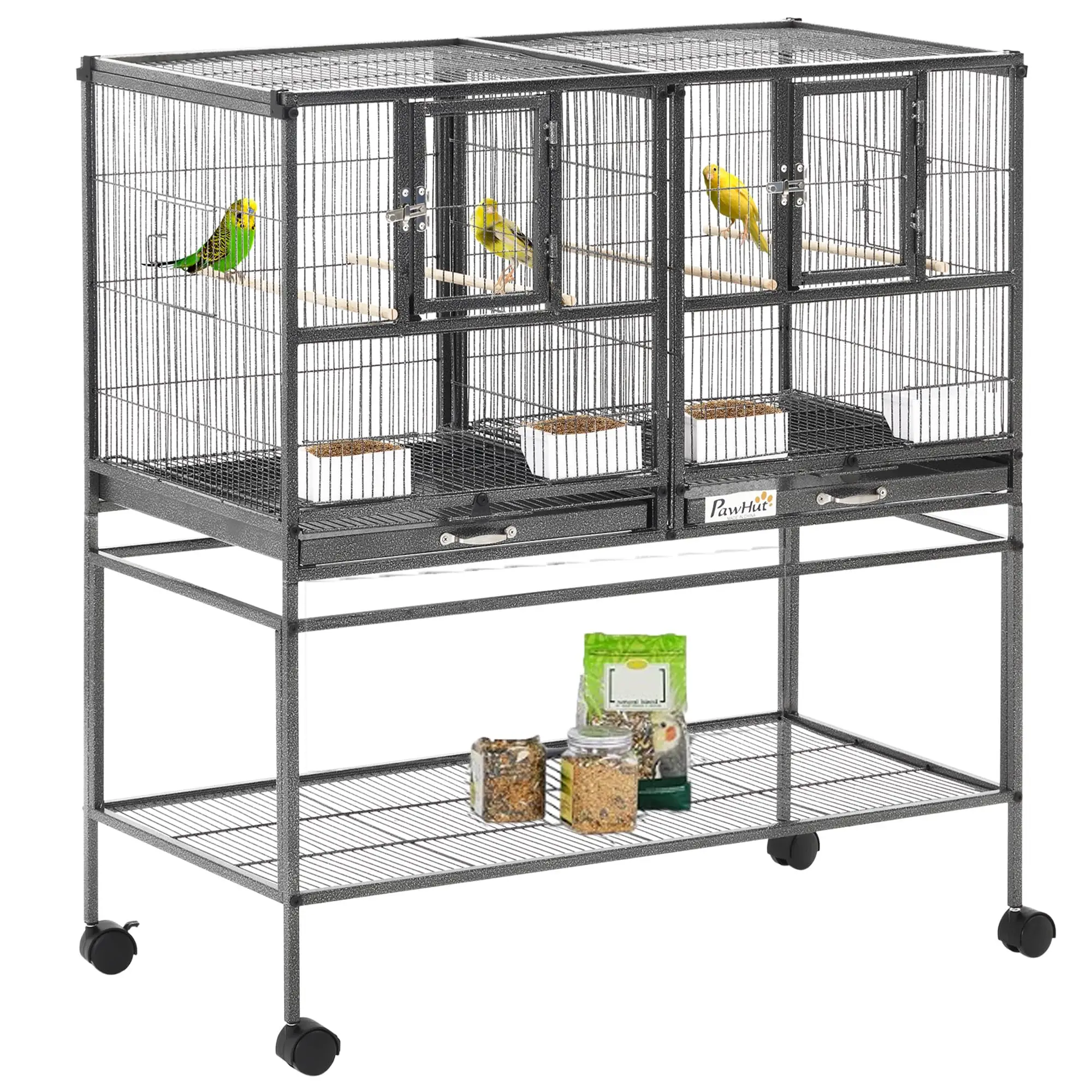 Divided Breeder Bird Cage with Rolling Stand Removable Metal Tray | Storage Shelf, Wood Perch, Food Container