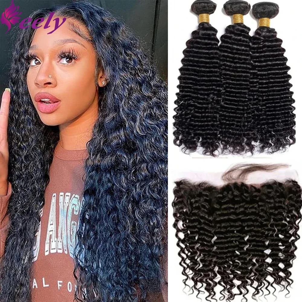 Deep Wave Human Hair Bundles Natural Black Color #1B Frontal 13x4 Lace Curly Human Hair Bundles With Closure Extensions 30 Inch