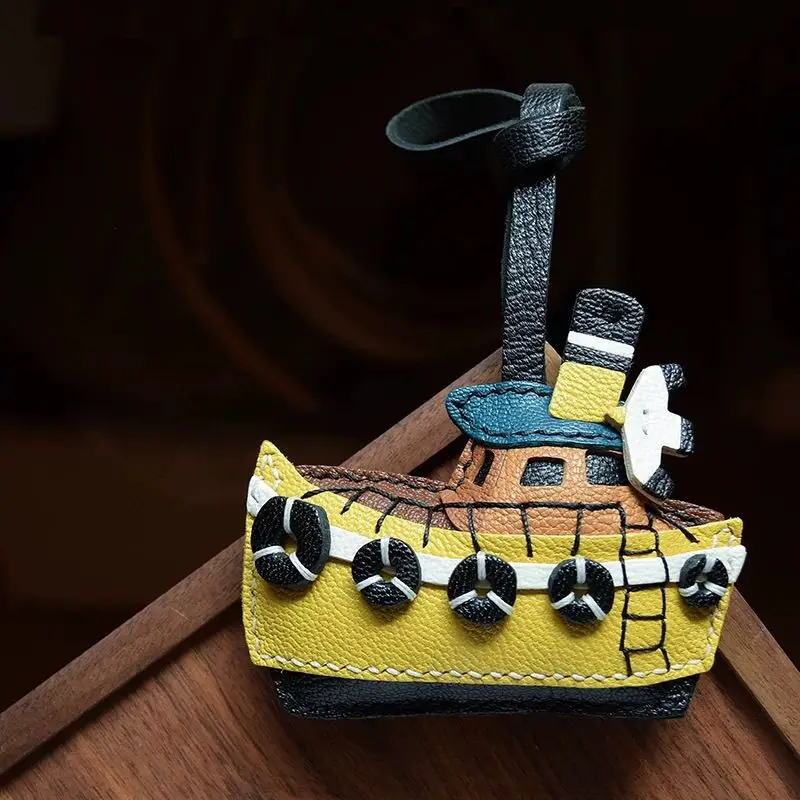 My small fishing boat genuine leather handmade car key decorative bag charm pendant simple keychain cute gift