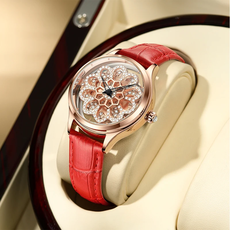 

Новые модные женские часы SUNKTA: кожаные кварцевые наручные часы с водонепроницаемым корпусом, креативным циферблатом-скелетоном и цветочным дизайном с бриллиантами