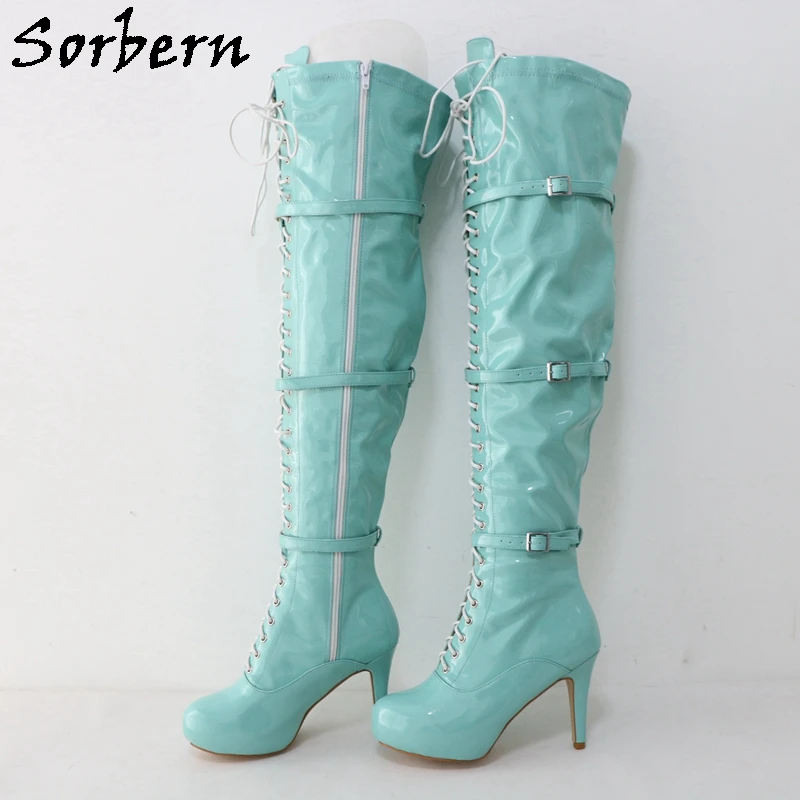 

Sorbern Mint Green Mid Thigh High Boots Women Over The Knee 10Cm High Heel Stilettos Round Toe Invisible Platform Triple Strap