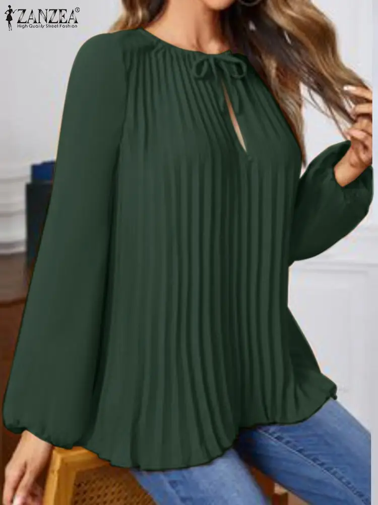 Women Solid Blouse ZANZEA Oversize 2023 Autumn Long Lantern Sleeve Tops Fashion Bowtie Neck Shirt Casual Hollow Out Pleats Blusa