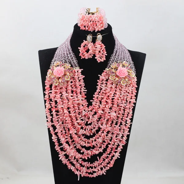 Marvelous 10 Layers Pink Coral Beads Jewelry Set African Wedding Bridal Jewelry Set Wedding Gift Set New  ABC650