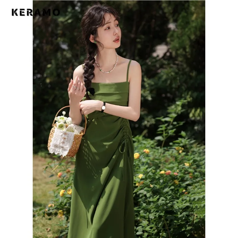 2024 Spring Sweet Style Backless Slash Neck Green Suspender Mini Dresses Women Elegant Sexy Chiffon Slim Fit Solid Color Dress