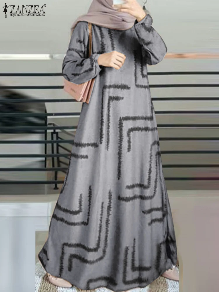 ZANZEA Fashion Floral Printed Muslim Dress Robe Femme Long Sleeve Maxi Sundress Turkey Abaya Kaftan IsIamic Hijab Vestidos 2024