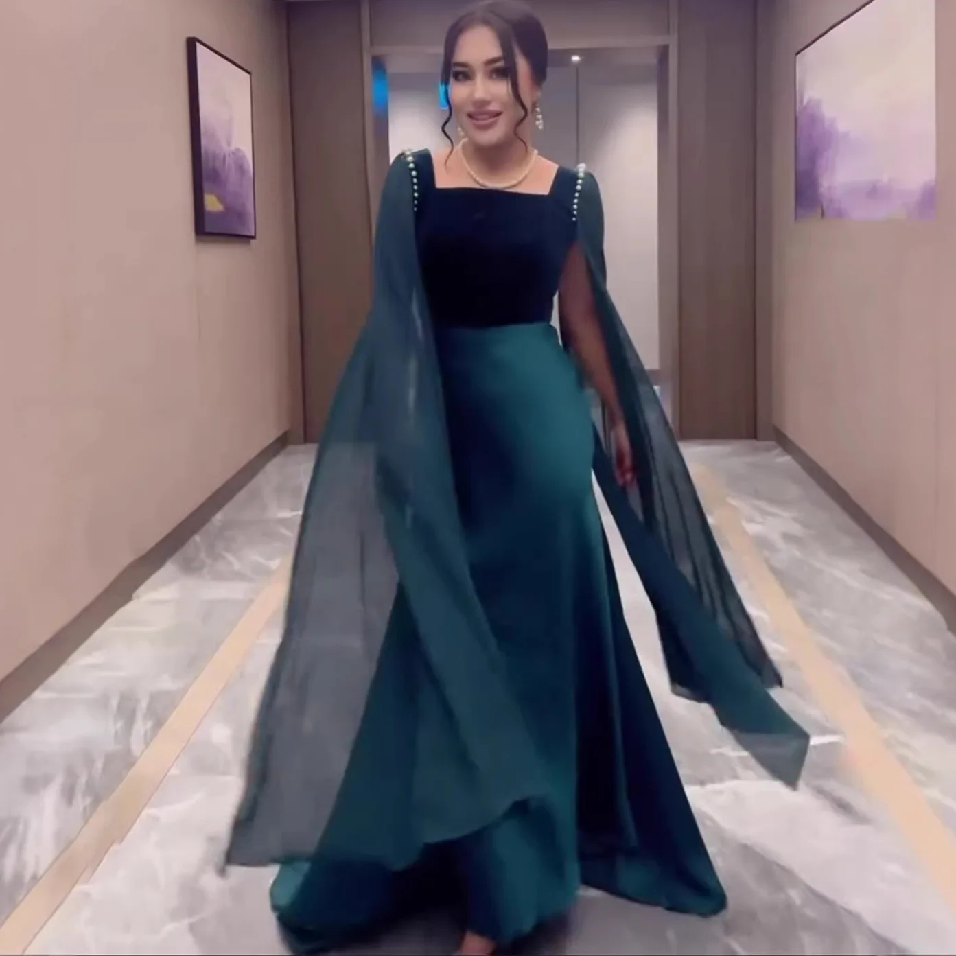 

Satin Flowing Dress with Pearl Sleeves, Elegant Dresses for Women, Spring Summer Evening Dress Matching Set