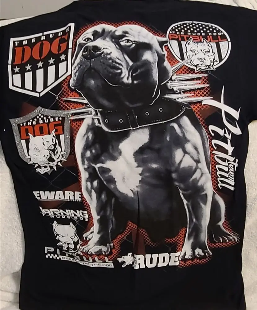 PITBULL TERRIER SPIKED COLLAR THE RUDE DOG BEWARE WARNING TEAM T-SHIRT