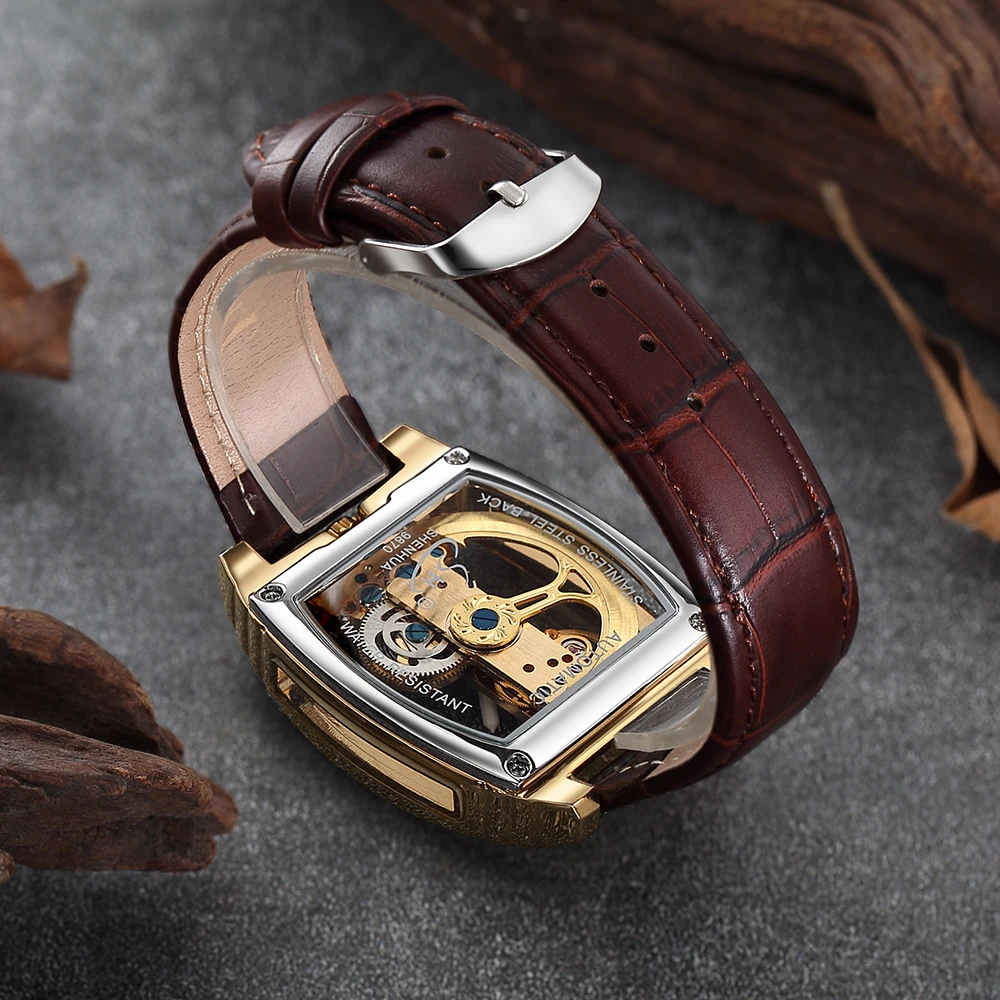 Fashion Tonneau Dial Transparent Watches Men Gold Tourbillon Watches Men Automatic Mechanical Wristwatches Montre Homme SHENHUA