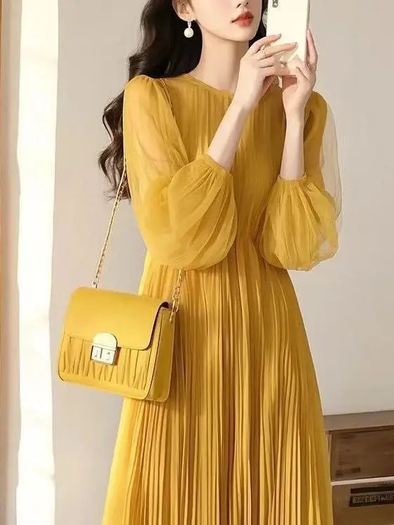 

Синяя шифоновая длинная юбка А-силуэта с завышенной талией, корейский стиль, для офиса, весна-лето 2025