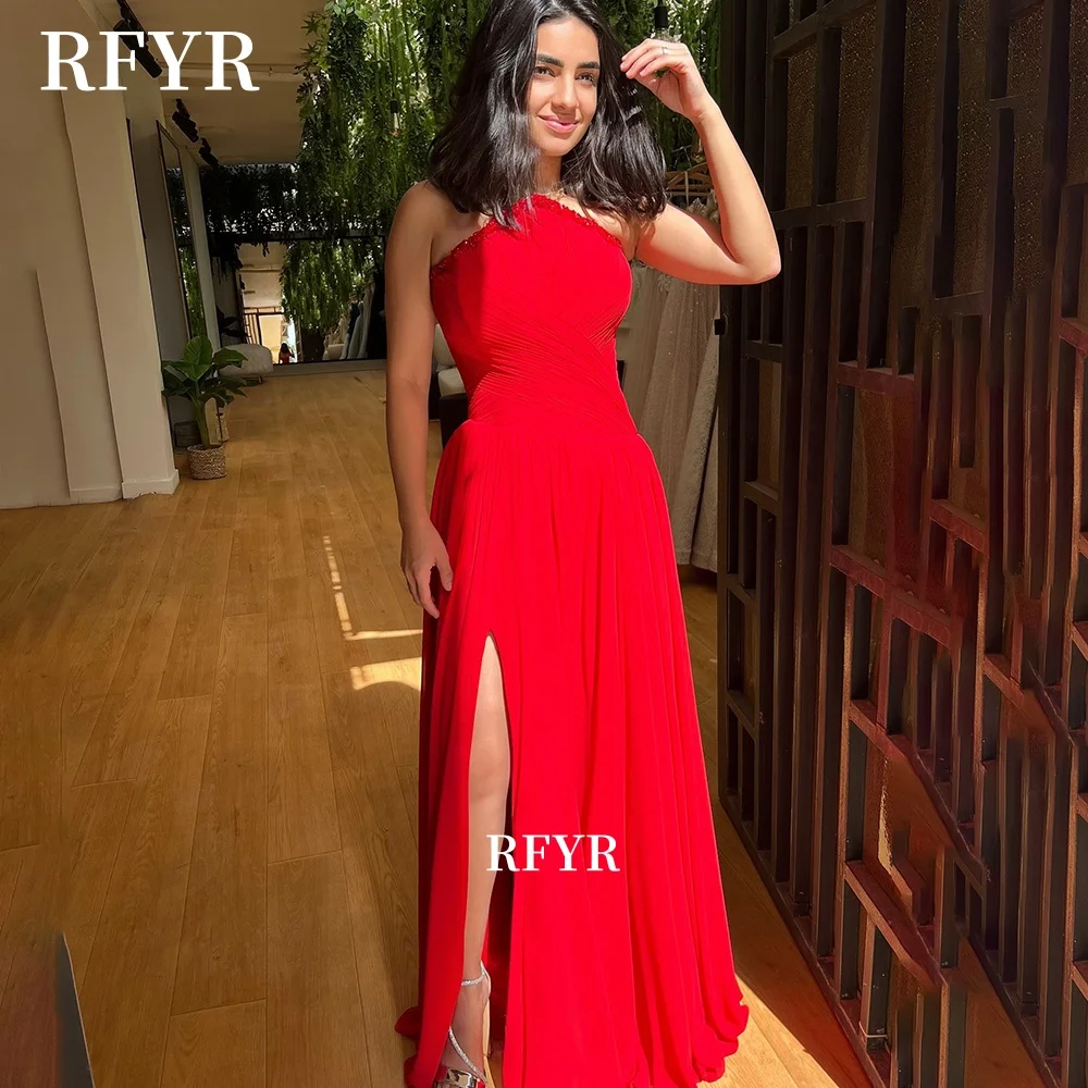

RFYR A Line Prom Dress Strapless Pleats Princess Dress High Slit Chiffon Party Dress for Arabic Women Customized