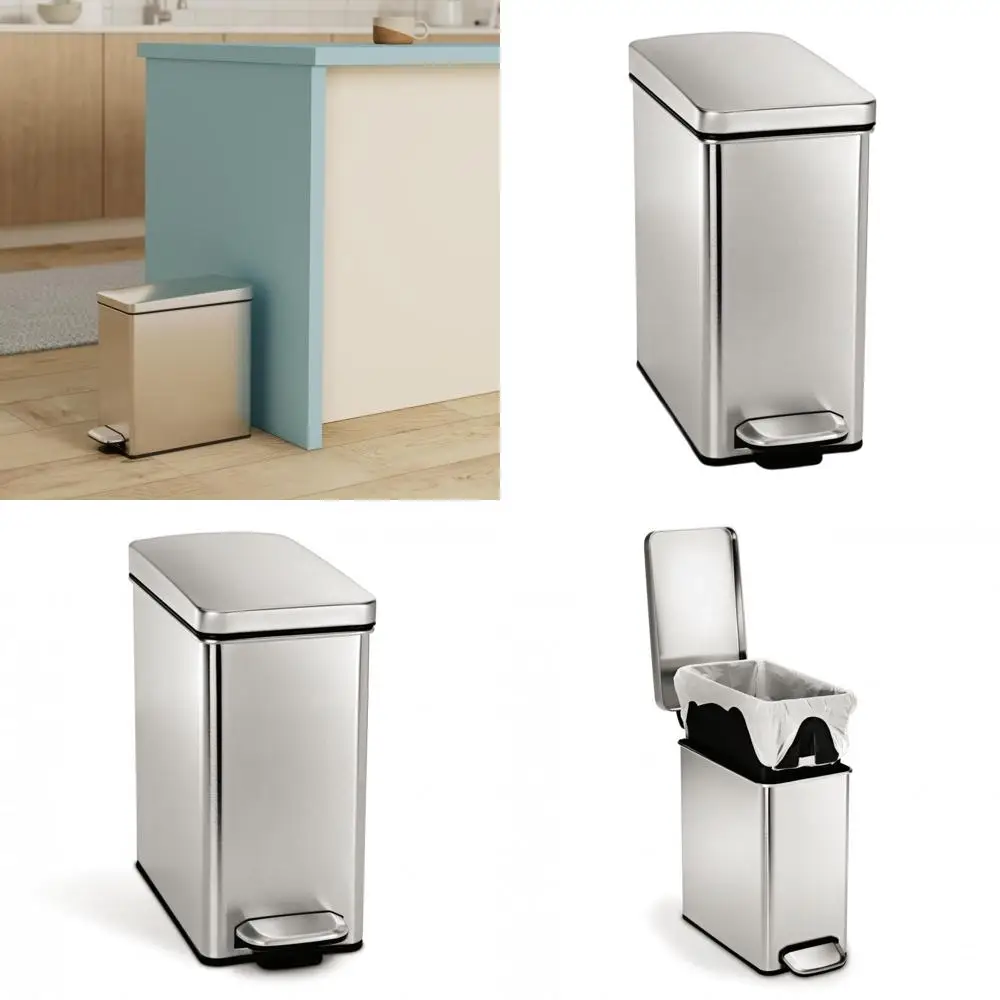 

10L Slimline Brushed Stainless Steel Bathroom Trash Bin, 2.6 Gallon Capacity