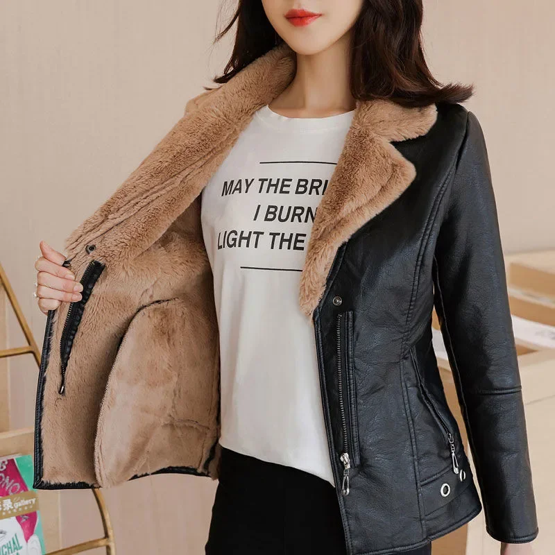 Autumn Winter Women's Add Velvet Leather Coat Korean Thick Short Motorcycle Jacket Female Lambswool Fur Leather Zipper Outwear