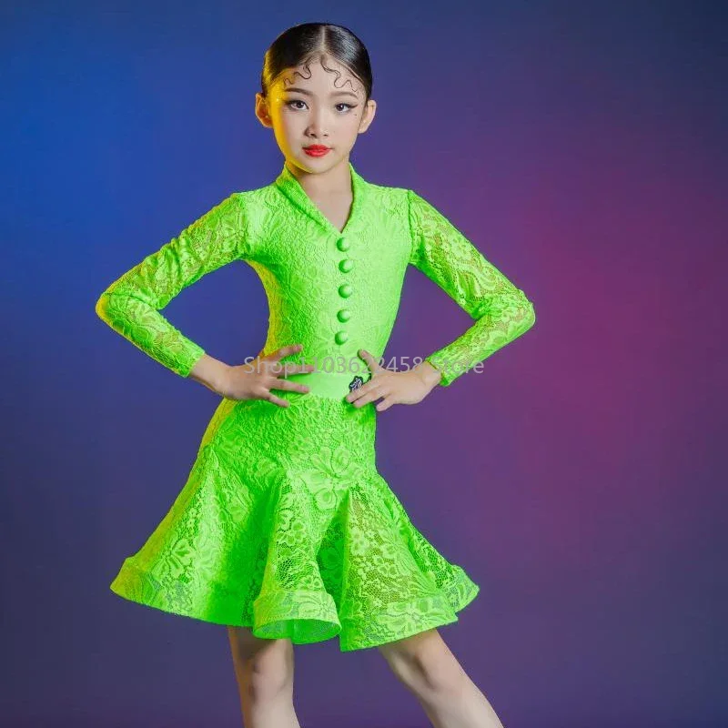 Ropa de baile Samba Tango para niñas, vestido de baile latino Rumba verde de manga larga, traje de baile de salón de competición para niñas