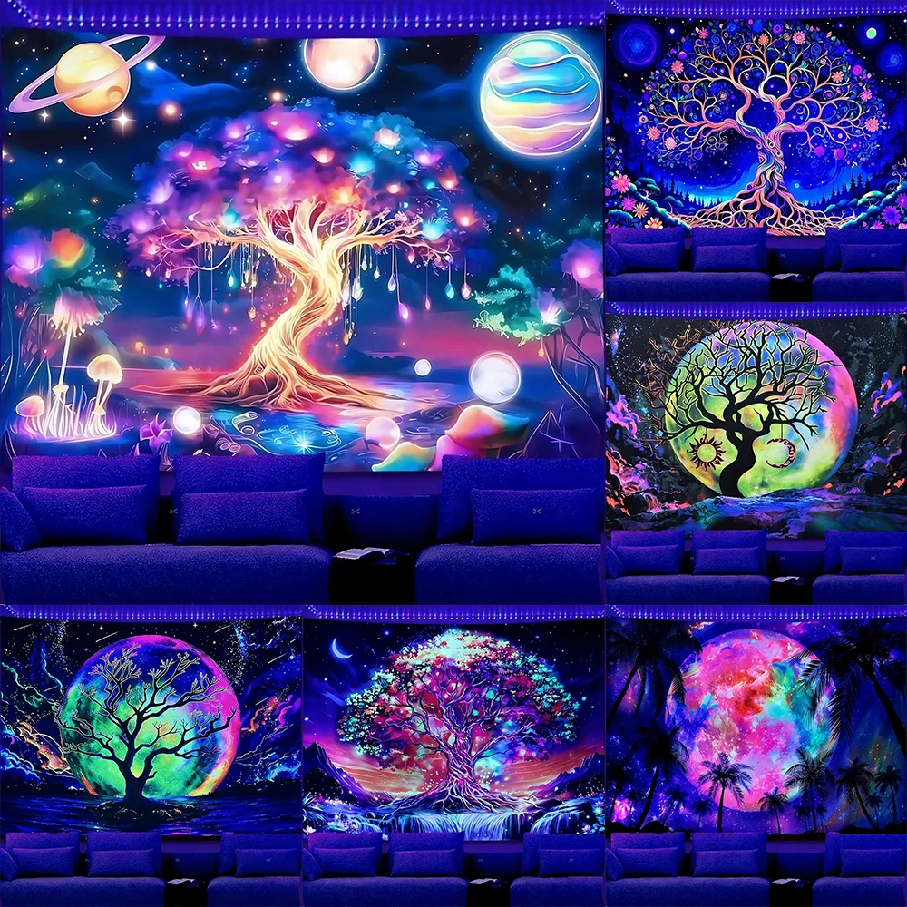 Im Dunkeln leuchtende magische Baum-Wandteppiche, UV-reaktiver Wandteppich, Hintergrunddekoration, Wandbehang, Schlafzimmer-Party-Dekoration